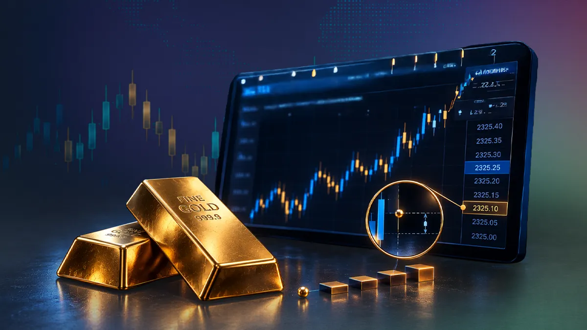 سبيكتا ذهب أمام شاشة تسعير بخطوات سعرية متتالية وعدسة مكبّرة على أصغر حركة — لماذا يختلف تعريف النقطة في الذهب